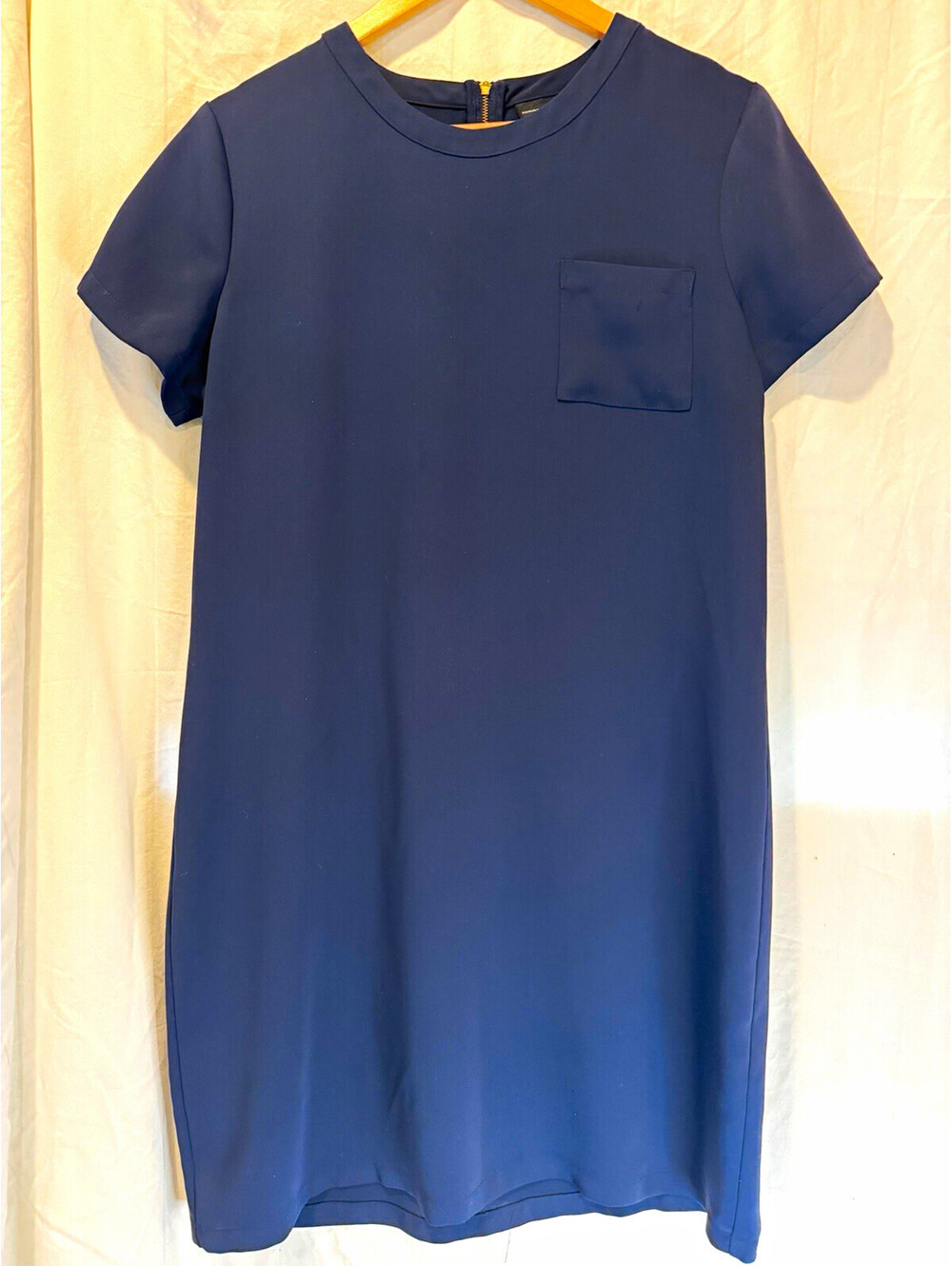 Adrienne Vittadini Navy Shift Dress Crew Neck Cap Sleeve Pockets Zip 10